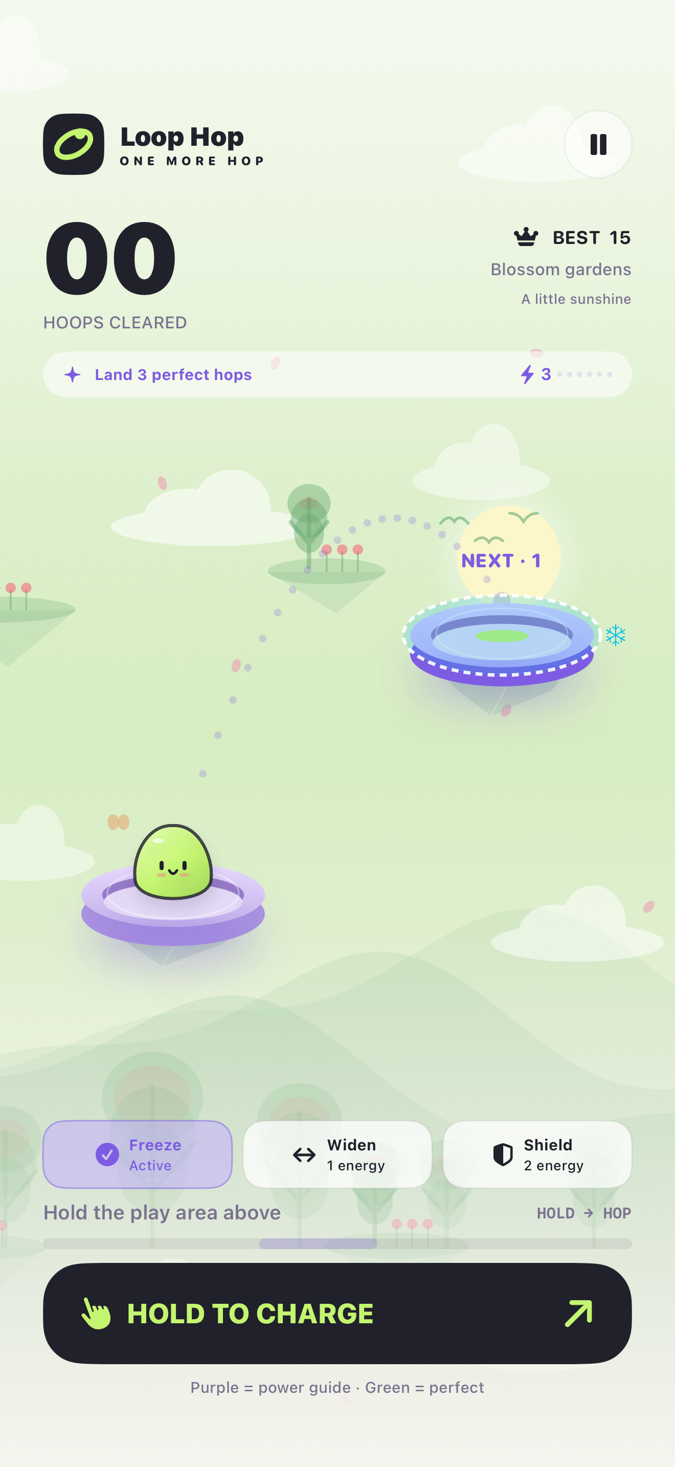 Loop Hop gameplay: a smiling green character prepares to jump between floating islands in a spring garden.